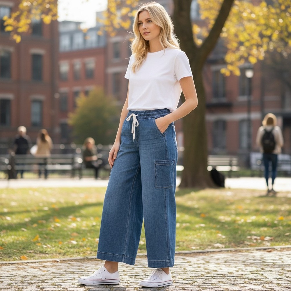 Est. 1946 Denim Womens 16W High Rise Wide Leg Cargo Jeans Blue Elastic Waist